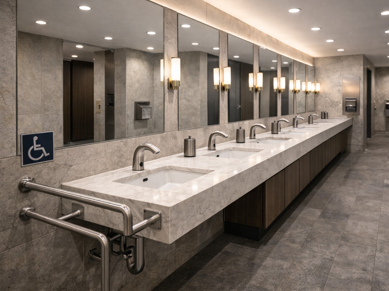 Transit hub washrooms with vandal-resistant fixtures